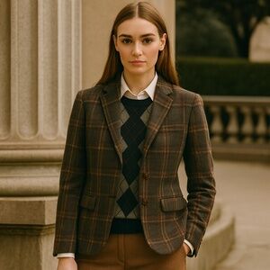 Lauren Ralph Lauren Womens Wool Blazer Brown Plaid Leather Elbows NOS 12 Vintage